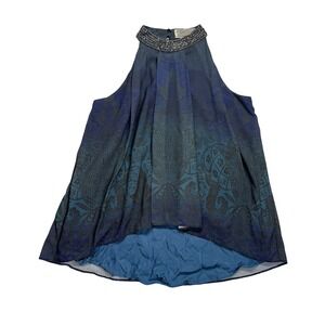 New Friends Colony Blue Paisley Beaded Halter Top High Low Sleeveless Small